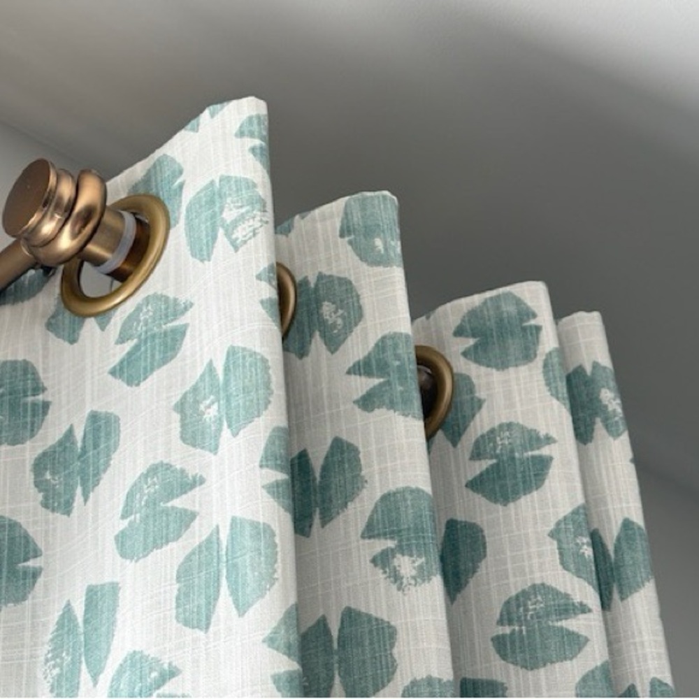 Custom Decorative Drapery Green and White Abstract / 2 Panels Includes Gold Rods